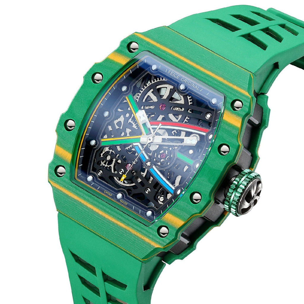 Green skeleton luxury sports watch with racing stripes and rubber strap