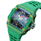 Green skeleton luxury sports watch with racing stripes and rubber strap