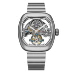 Luxury skeleton watch with visible tourbillon, inspired by motorsport design and European engineering for bold everyday wear.