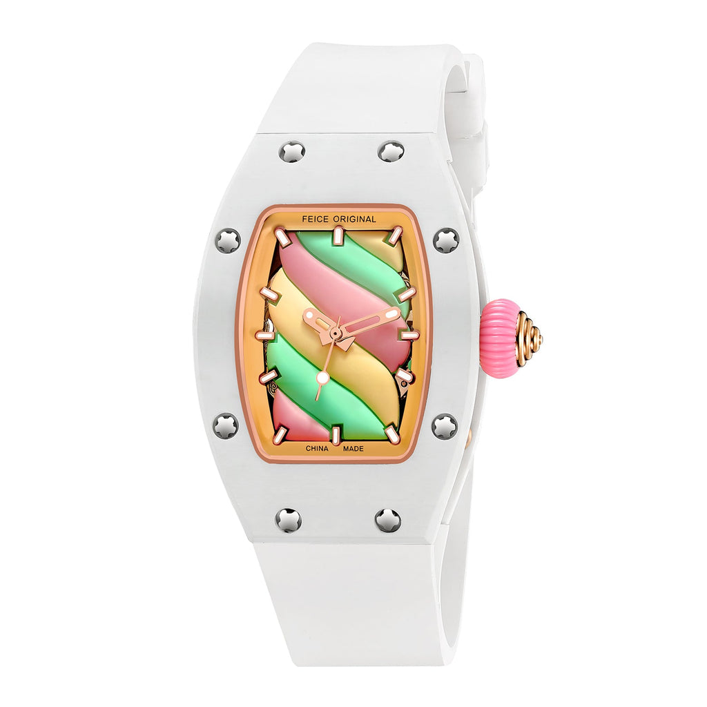 White luxury chronograph watch with colorful wavy dial and rose gold accents.