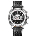 Luxury chronograph watch with black dial, silver case, and textured leather strap — motorsport-inspired design