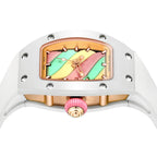 Luxury tonneau-shaped chronograph watch with colorful rainbow dial and rose gold accents.