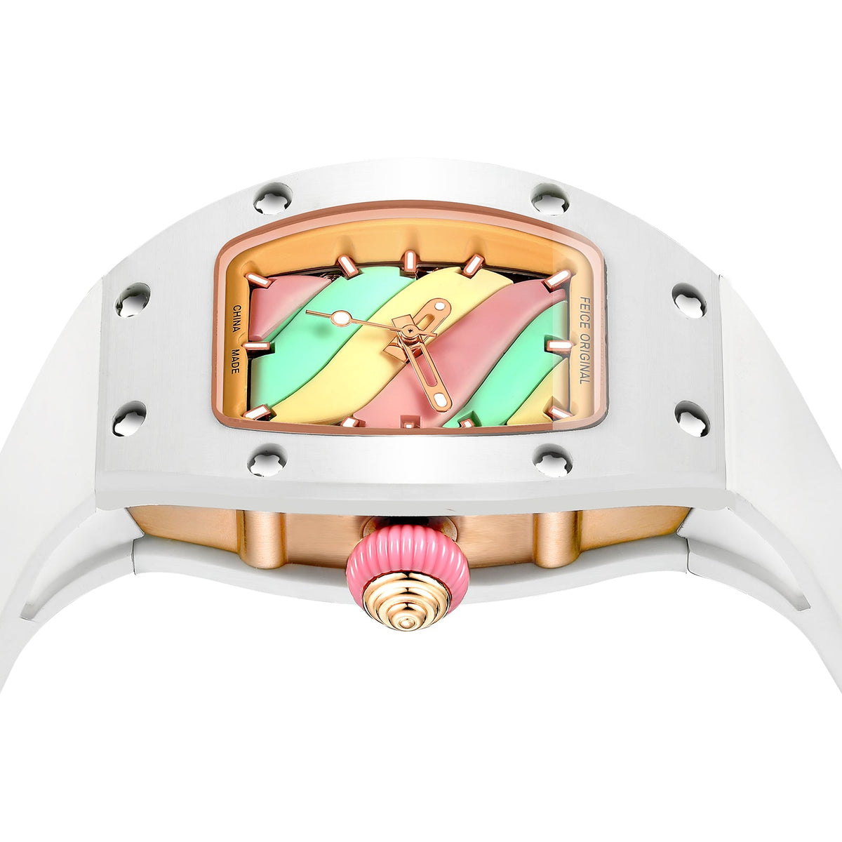 Luxury tonneau-shaped chronograph watch with colorful rainbow dial and rose gold accents.
