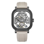 Luxury skeleton watch with carbon fiber case, tourbillon, and sporty rubber strap — motorsport-inspired design