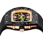 Luxury carbon fiber chronograph watch with colorful racing-inspired dial and rose gold accents.