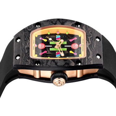 Luxury carbon fiber chronograph watch with colorful racing-inspired dial and rose gold accents.