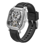 Luxury skeleton watch with exposed tourbillon, carbon fiber case, and black rubber strap — motorsport-inspired design