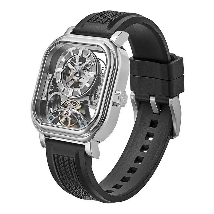 Luxury skeleton watch with exposed tourbillon, carbon fiber case, and black rubber strap — motorsport-inspired design