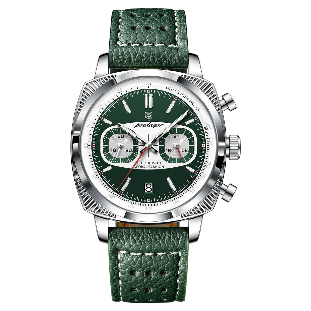 Green dial chronograph watch with perforated leather strap, motorsport-inspired luxury timepiece