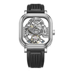 Luxury skeleton watch with visible tourbillon, inspired by motorsport design and European craftsmanship.