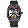 Luxury carbon fiber skeleton watch with red accents and a black strap