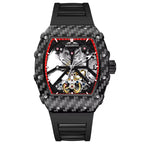 Luxury carbon fiber skeleton watch with red accents and a black strap