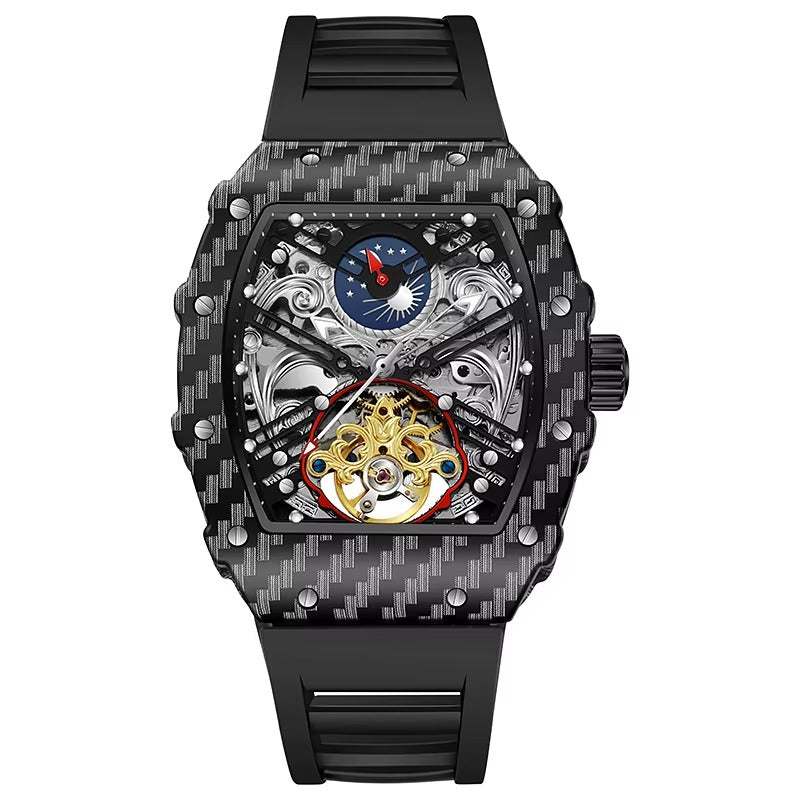 Luxury carbon fiber skeleton watch with open-heart movement and moon phase dial