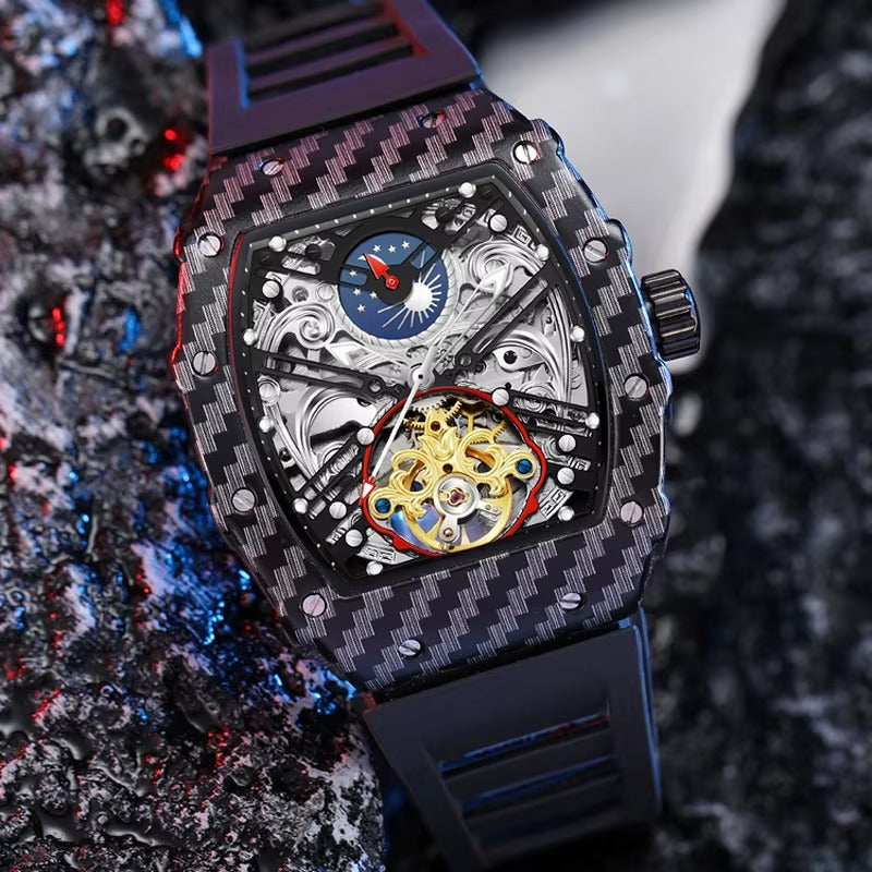Luxury carbon fiber skeleton chronograph watch with intricate gold tourbillon movement.