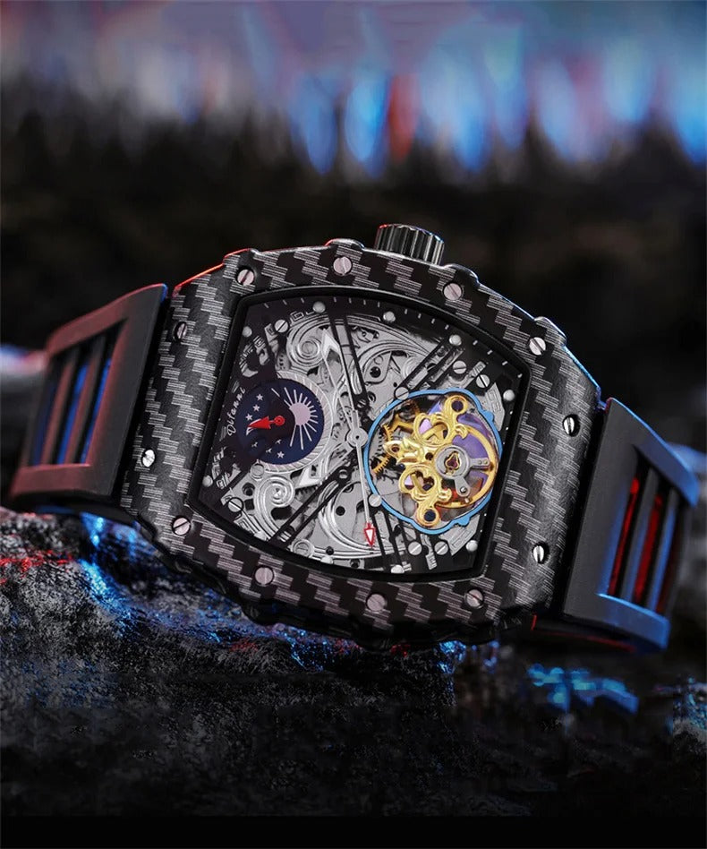 Luxury carbon fiber skeleton chronograph watch with gold-tone mechanical movement.