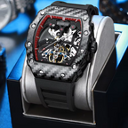 Luxury carbon fiber skeleton chronograph watch with red accents and black rubber strap.