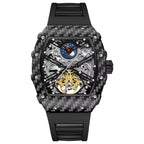 Luxury carbon fiber chronograph watch with skeletonized movement and racing-inspired design.
