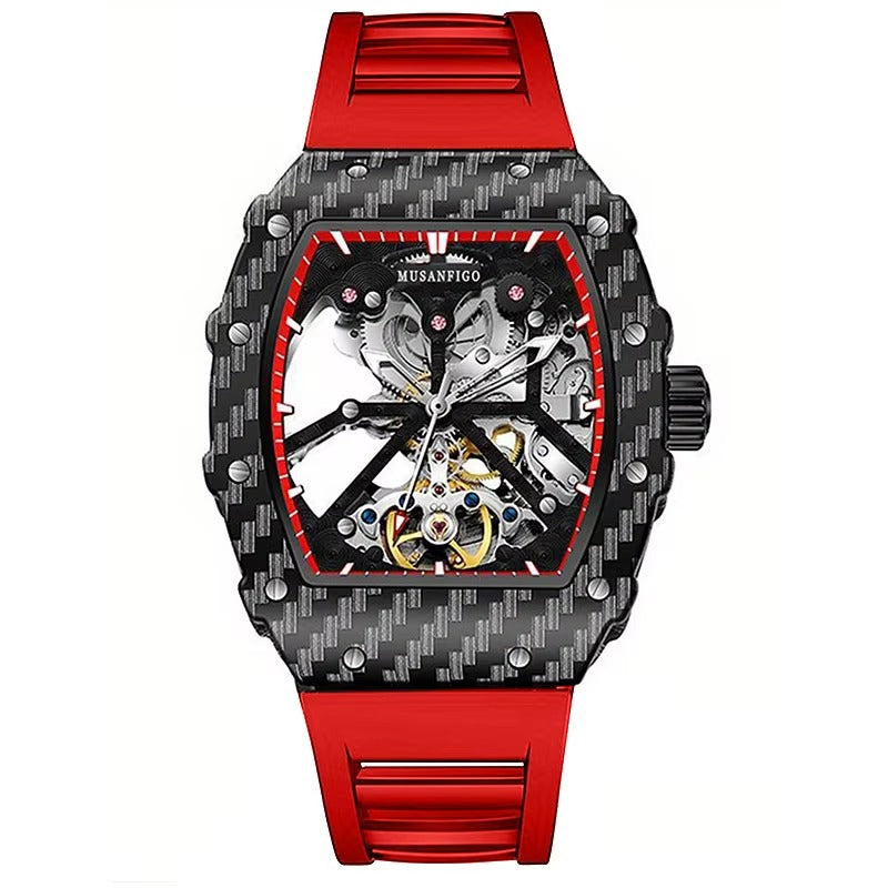 Luxury skeleton watch with carbon fiber case, red strap, and open-heart movement.