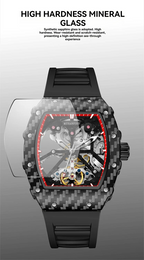 Skeleton chronograph watch with carbon fiber case and high hardness mineral glass.