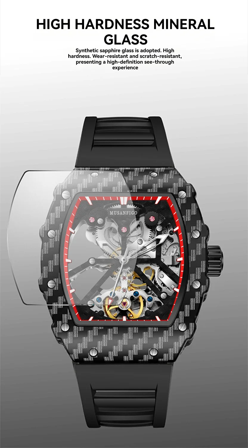 Skeleton chronograph watch with carbon fiber case and high hardness mineral glass.