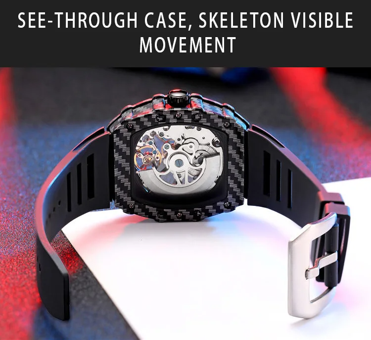 Luxury carbon fiber watch with see-through case and visible skeleton movement.