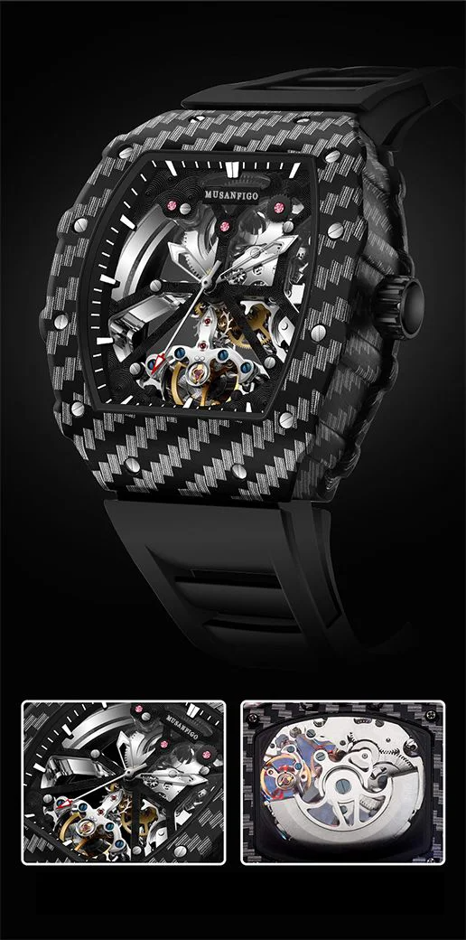 Luxury carbon fiber skeleton chronograph watch with racing-inspired design.