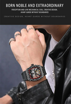 Man wearing a carbon fiber luxury skeleton watch with a black strap and silver rings.