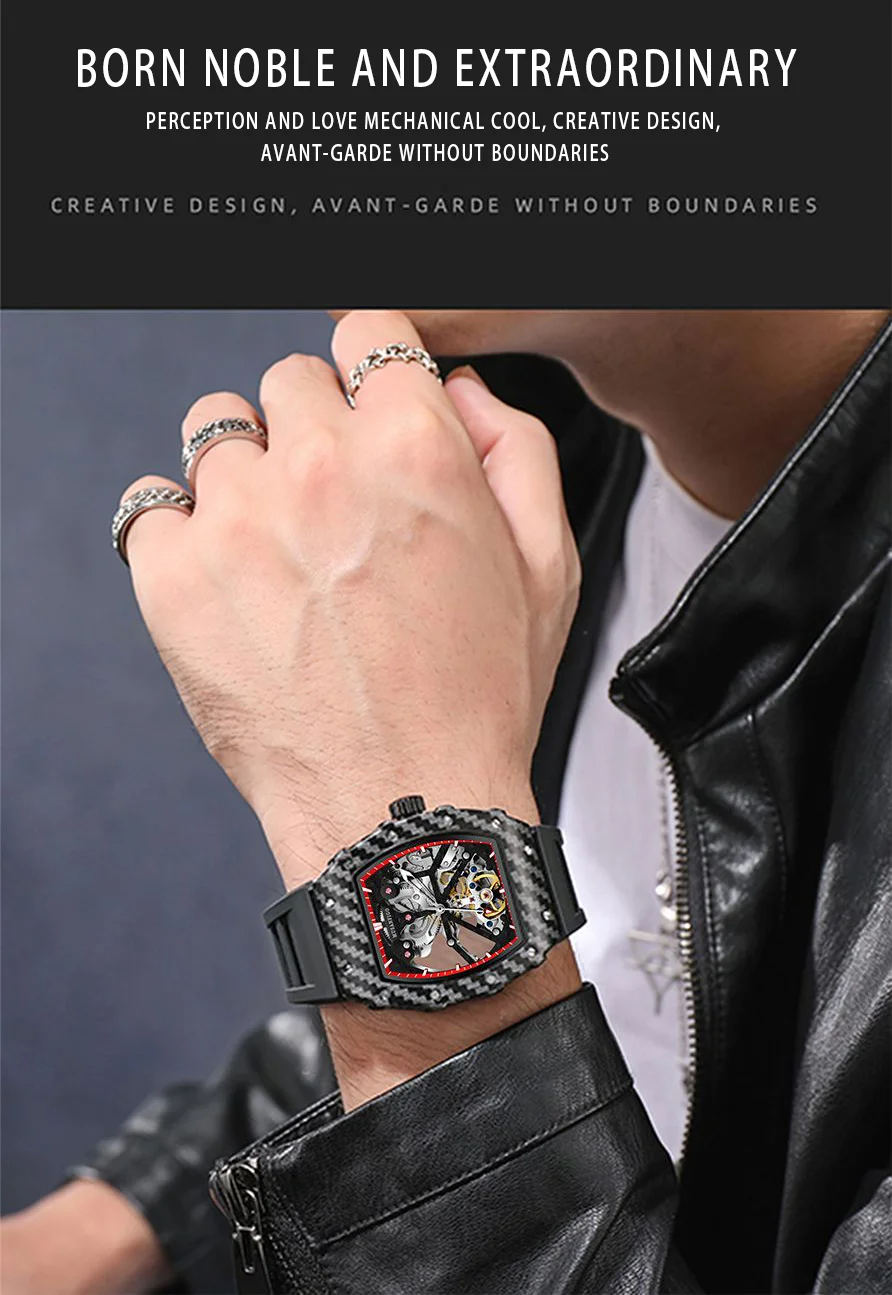 Man wearing a carbon fiber luxury skeleton watch with a black strap and silver rings.