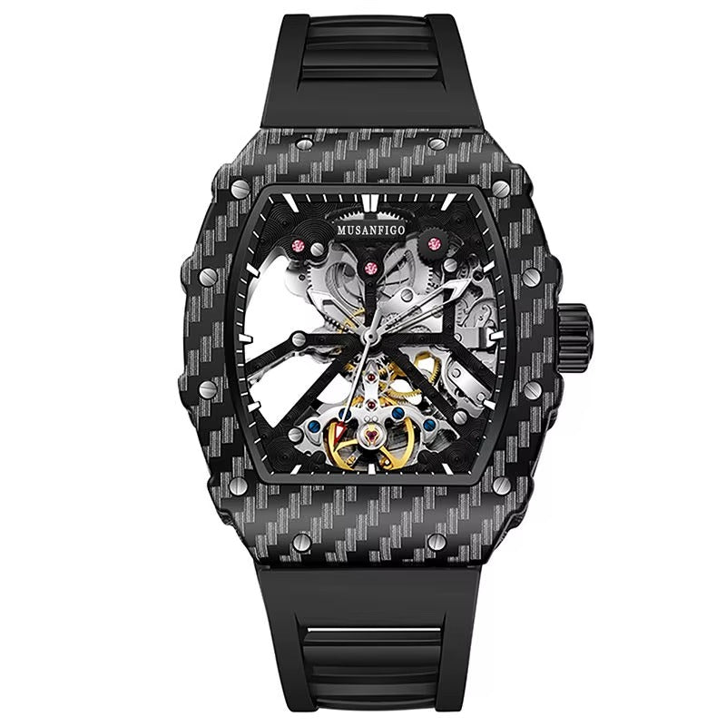 Musanfigo luxury skeleton chronograph watch with carbon fiber case and black rubber strap.