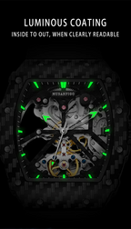 Skeleton chronograph watch with luminous green coating and carbon fiber case.