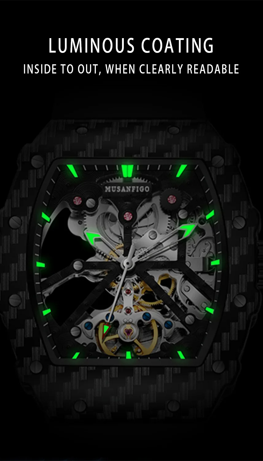 Skeleton chronograph watch with luminous green coating and carbon fiber case.