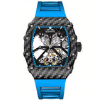 Musanfigo luxury skeleton chronograph watch with carbon fiber case and blue strap.