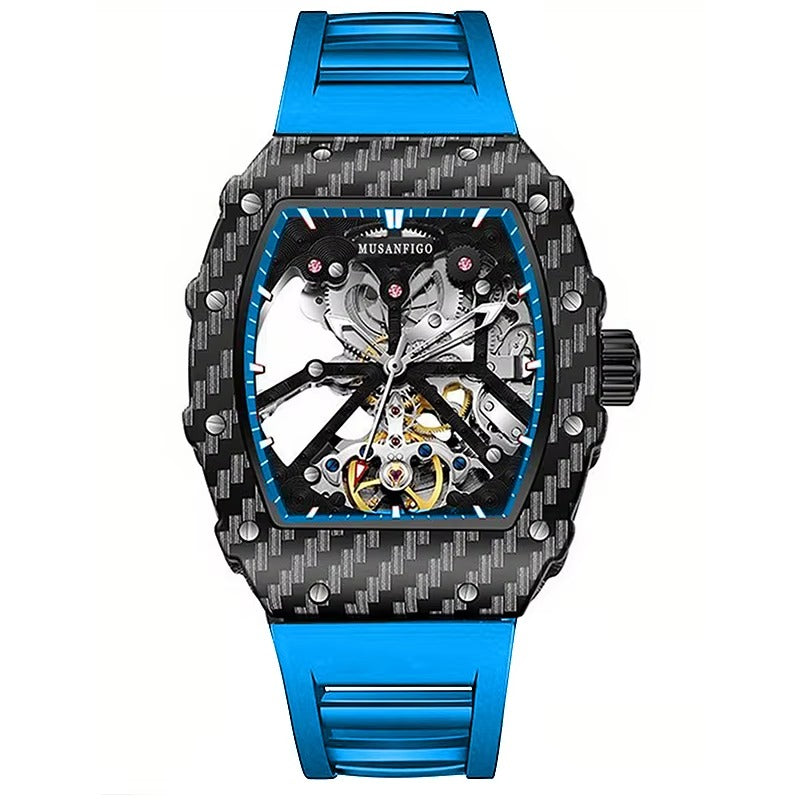 Musanfigo luxury skeleton chronograph watch with carbon fiber case and blue strap.