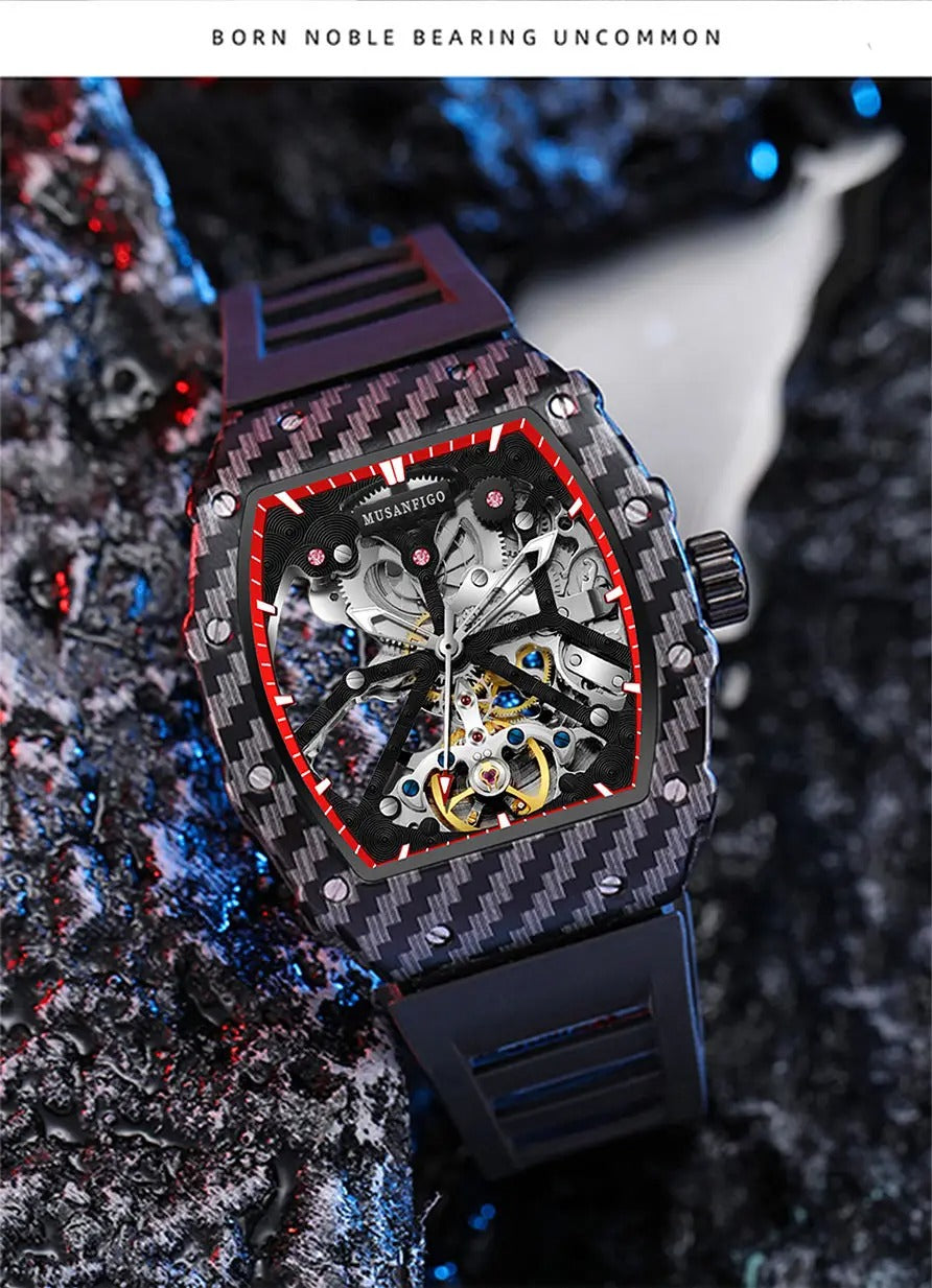 Luxury skeleton chronograph watch with carbon fiber case and red accents on a textured surface.