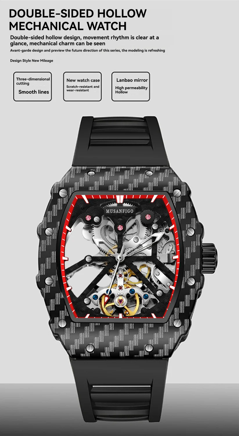 Luxury carbon fiber skeleton mechanical watch with red accents and racing-inspired design.