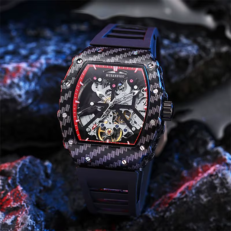 Musanfigo luxury skeleton chronograph watch with carbon fiber case and black rubber strap.