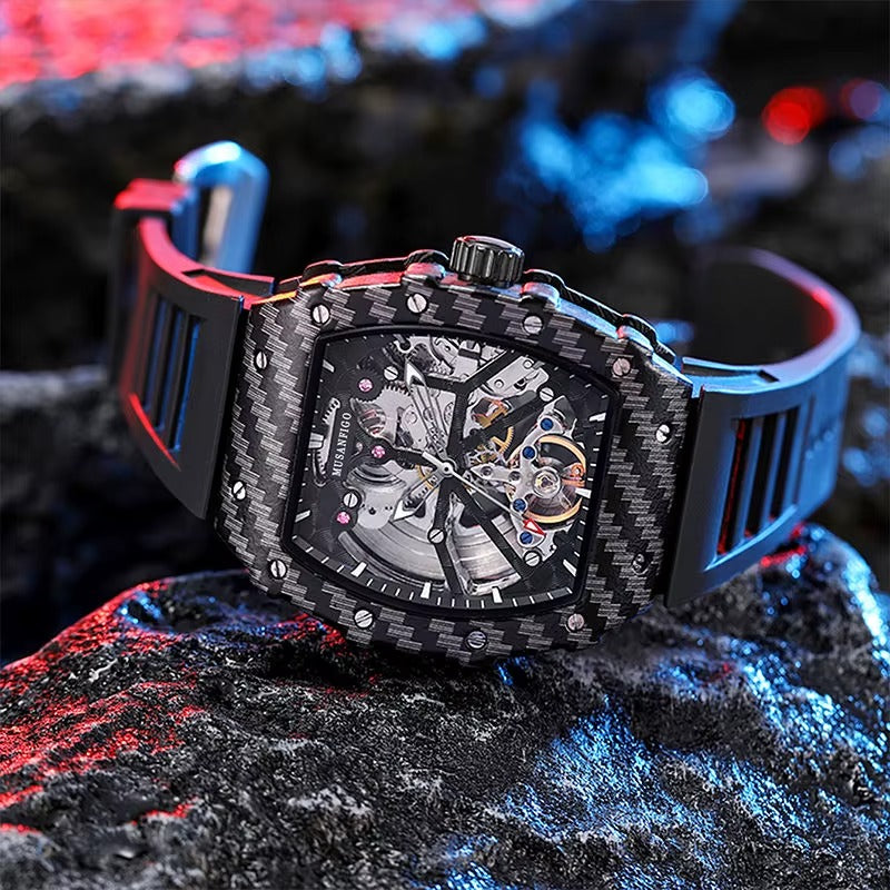 Luxury carbon fiber skeleton chronograph watch with racing-inspired motorsport design.
