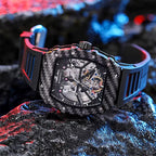 Luxury carbon fiber skeleton chronograph watch with racing-inspired motorsport design.