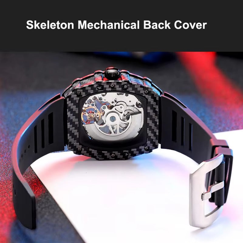 Skeleton mechanical back cover of a carbon fiber luxury racing chronograph watch.