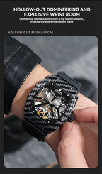 Luxury carbon fiber skeleton chronograph watch with mechanical movement on a wrist.