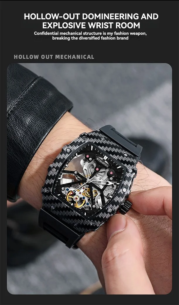 Luxury carbon fiber skeleton chronograph watch with mechanical movement on a wrist.