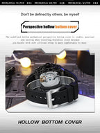 Mechanical watch with a perspective hollow bottom cover and black silicone strap.