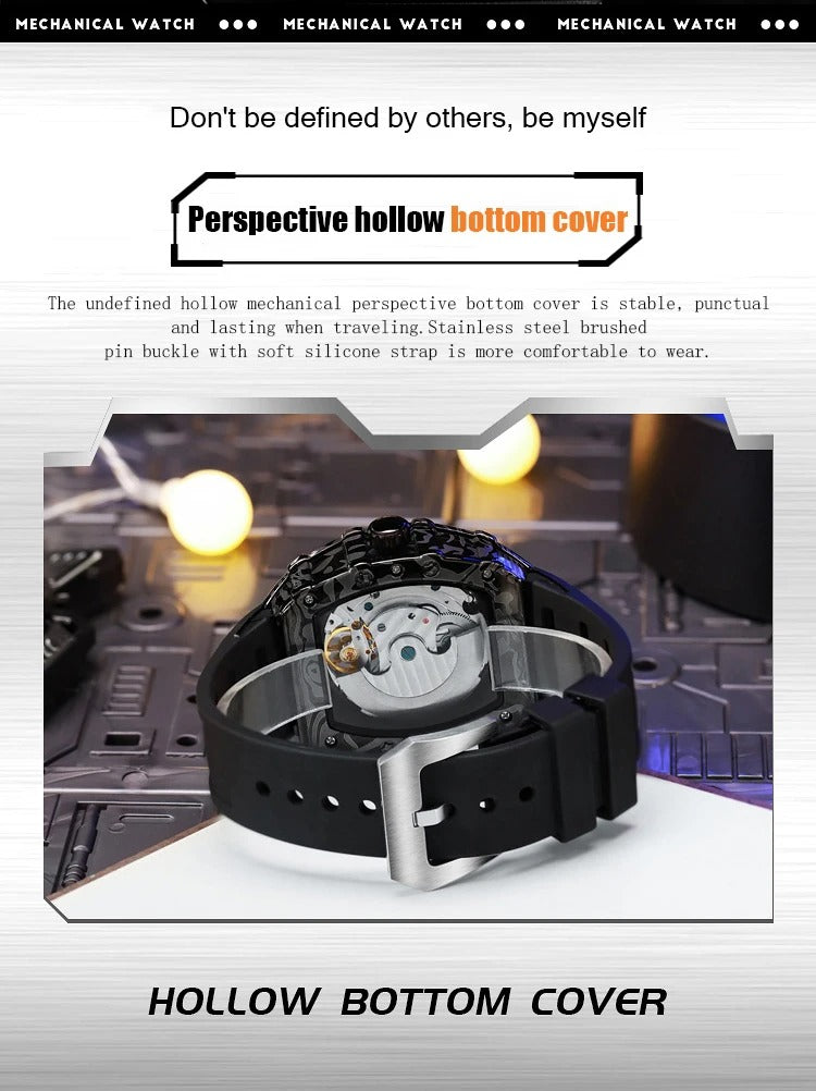 Mechanical watch with a perspective hollow bottom cover and black silicone strap.