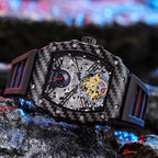 Luxury carbon fiber skeleton chronograph watch with intricate mechanical movement.