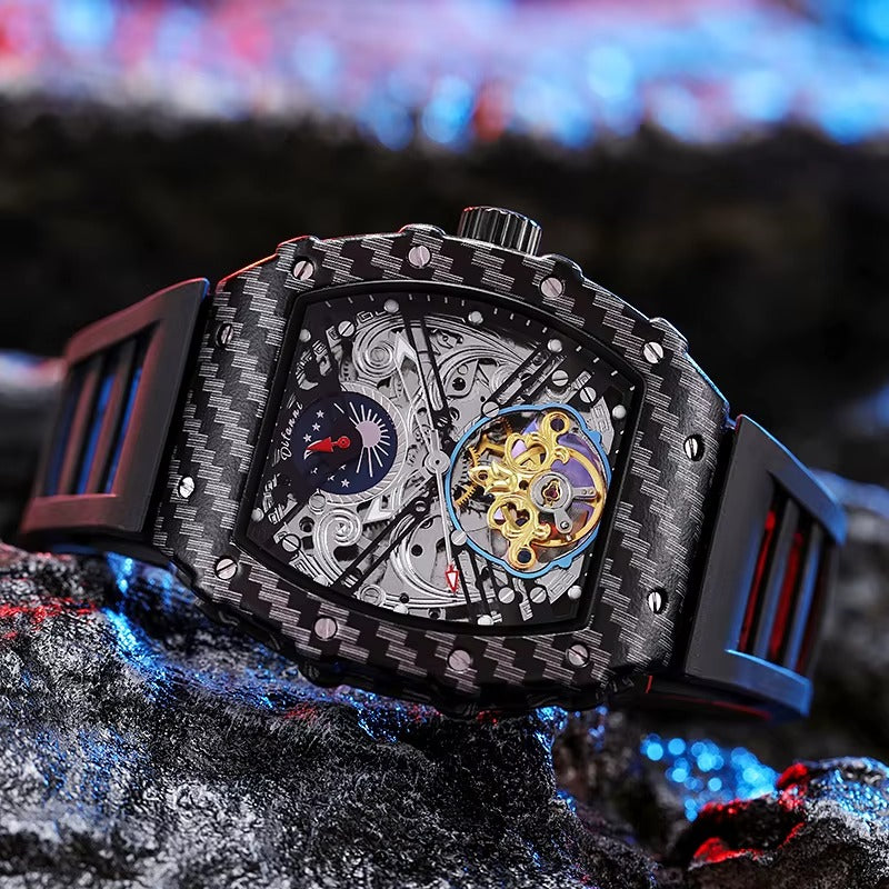 Luxury carbon fiber skeleton chronograph watch with intricate mechanical movement.