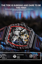 Luxury carbon fiber tonneau-shaped chronograph watch with skeleton mechanical movement.