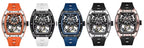 Five luxury sport-inspired watches with bold tonneau cases, visible skeleton dials, and colored straps.