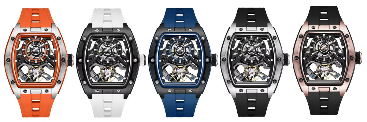 Five luxury sport-inspired watches with bold tonneau cases, visible skeleton dials, and colored straps.