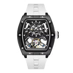 Luxury racing-inspired skeleton watch with black tonneau case and white silicone strap