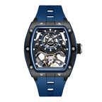 Blue tonneau skeleton watch with openwork dial, bold screws, motorsport-inspired design